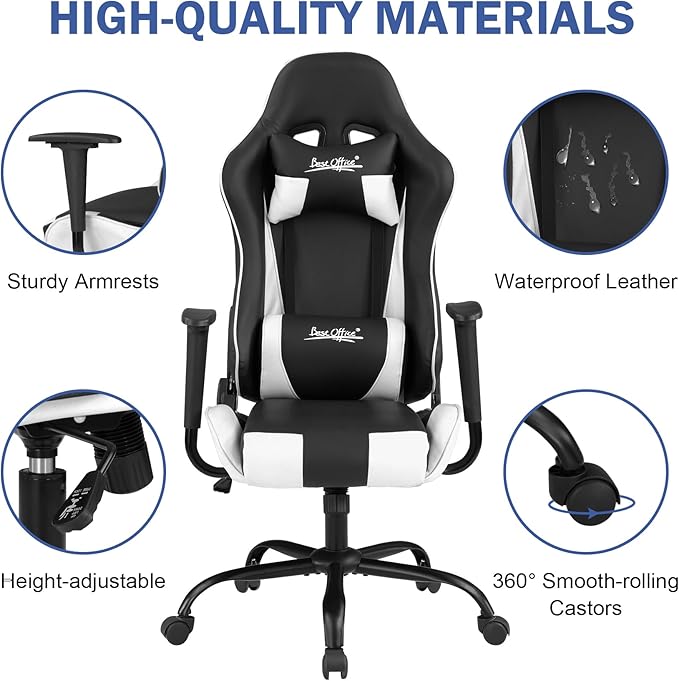 BLKMTY Gaming Chair Office Chairs High Back Computer Leather Desk Chair Racing Executive Ergonomic Adjustable Swivel Task Chairs with Headrest and Lumbar Support White