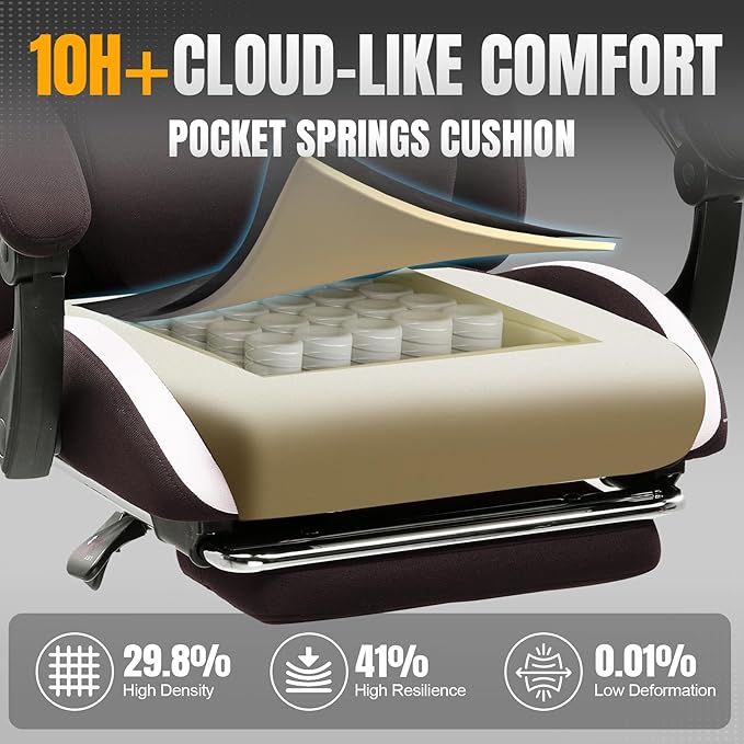 GTPLAYER Gaming Chair with Foot Rest &amp Pocket Spring Cushion Breathable Fabric for Home Office Desk Ergonomic High Back Computer Chair with Headrest &amp Lumbar Support Brown
