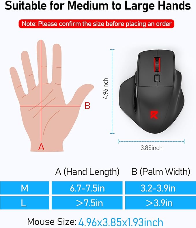 Redragon Large Wireless Gaming Mouse for Big Hands Tri-Modes 2.4G/Bluetooth/Wired Rechargeable Ergo RGB Mouse with 2 Side Buttons 6 Backlit Modes Programmable Macro Gamer Mouse