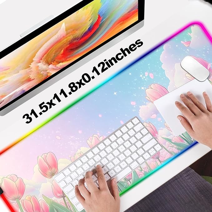 RGB Pink Flower Tulips Gaming Desk Mat Computer Keyboard Large Extended Long Floral LED Mouse Pad for Office and Home XL (W30)