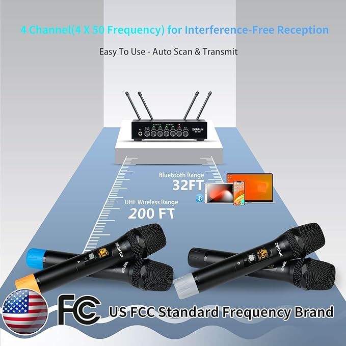 Pro Wireless Microphone System 4 Channel UHF Metal Cordless Handheld Mics with Echo Bluetooth for Church Karaoke Singing 4x50 Adjustable Frequency(MU-898 Battery 4 Handheld)