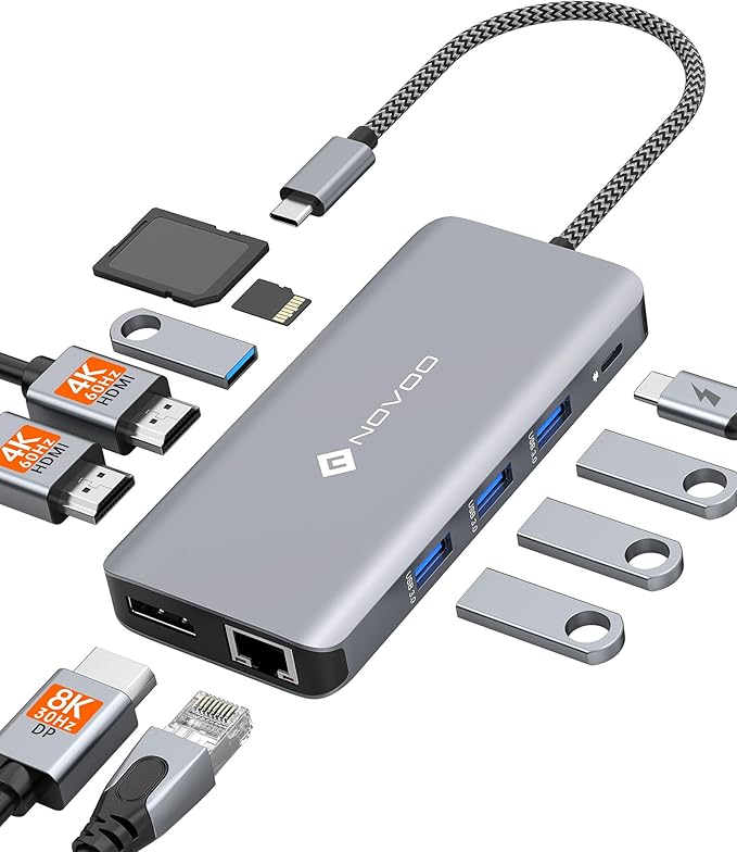 USB C Docking Station NOVOO Triple Display Type C Hub Dual Monitor HDMI 4K@60Hz DP Multiport Adapter 4USB Ethernet SD/TF 100W PD Dongle Data for Dell/Surface/HP/Lenovo Thinkpad Laptop