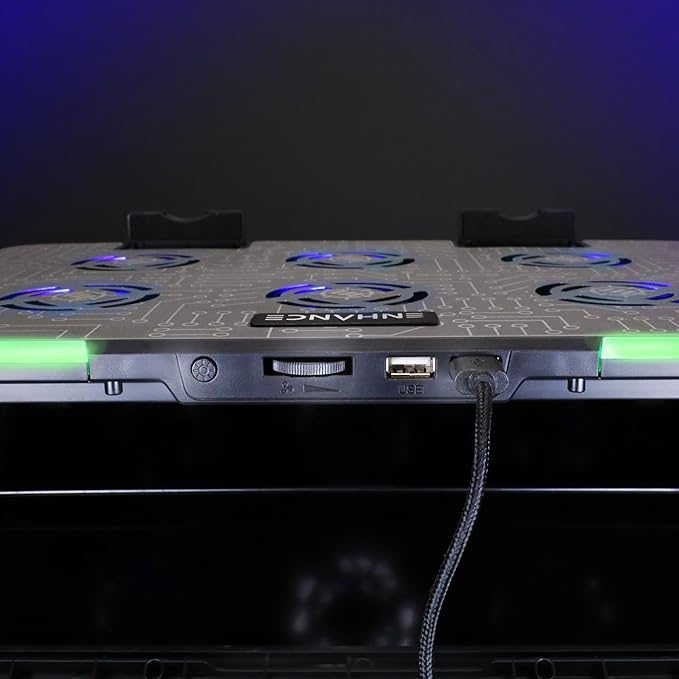 ENHANCE Gaming Voltaic 2 Laptop Cooling Stand - Laptop Cooling Pad with 6 Blue LED Fans 7 Height Settings RGB Lighting - Metal Top Cooler Pad with Phone Stand 2 USB Ports for up to 17 inches
