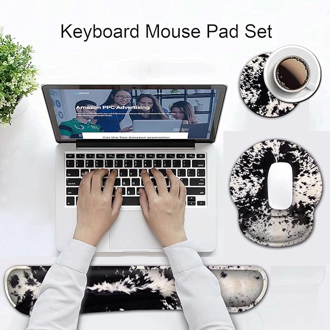 Ergonomic Mouse Pad Wrist Support and Memory Foam Keyboard Wrist Rest Set for Gaming Computer Office Laptop Easy Typing Wireless Mouse MatGel Gaming Cute Black &amp White Cowhide Fur Pattern Desk P
