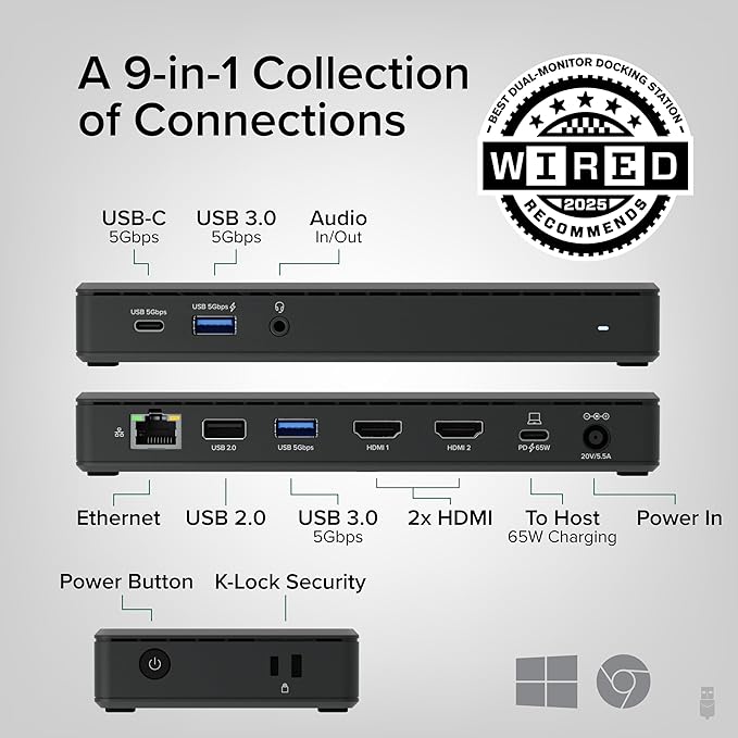 Plugable USB-C Docking Station Dual 4K 60Hz HDMI 65W Charging Gigabit Ethernet 1x USB-C 5Gbps 3X USB-A Audio Windows/ChromeOS USB-C/USB4/Thunderbolt Driverless (UD-MSTH2)