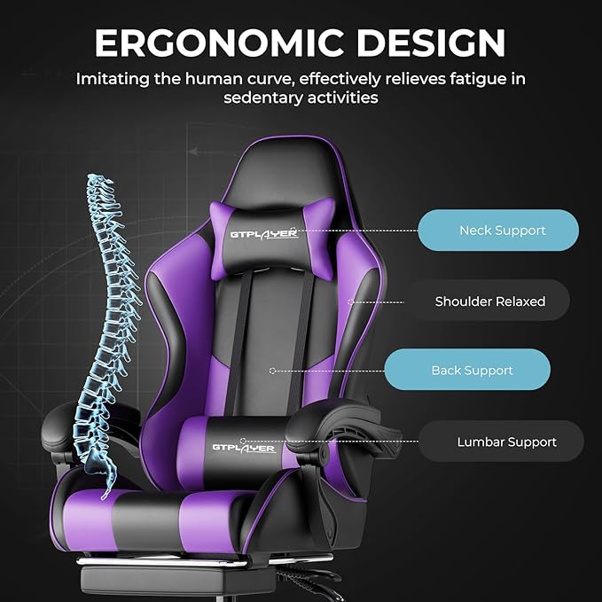 GTPLAYER Gaming Chair Computer Chair with Footrest and Lumbar Support Height Adjustable Game Chair with 360°-Swivel Seat and Headrest and for Office or Gaming (Faux Leather Purple)