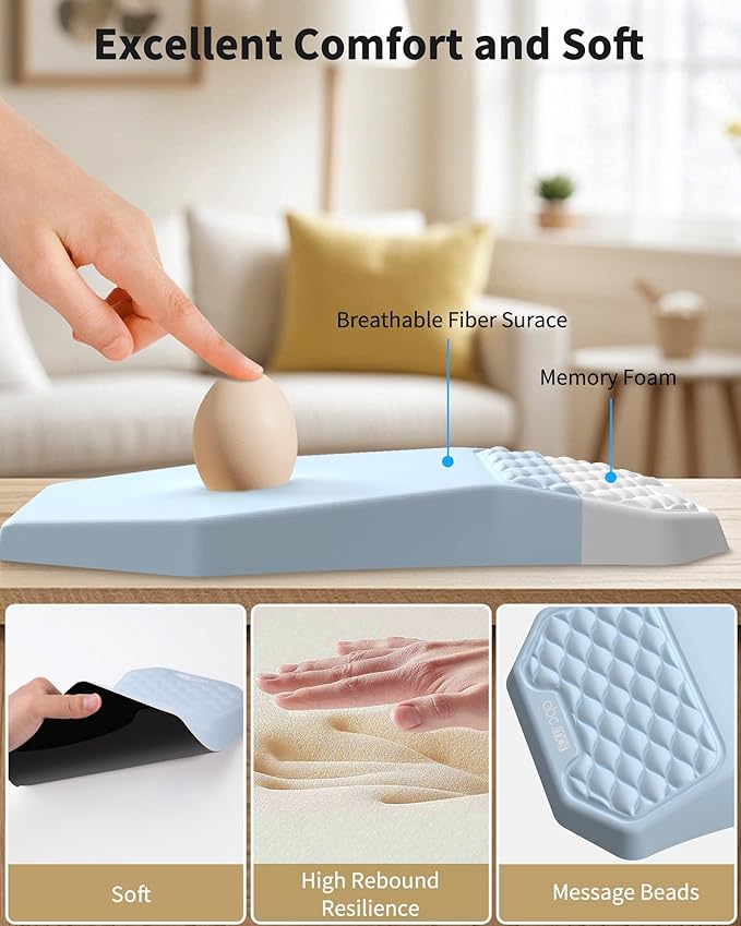 Ergonomic Mouse Pad Wrist Rest Support Massage Design Surface for Carpal Tunnel Pain Relief Memory Foam Non-Slip PU Base for Computer Desk Sky Blue