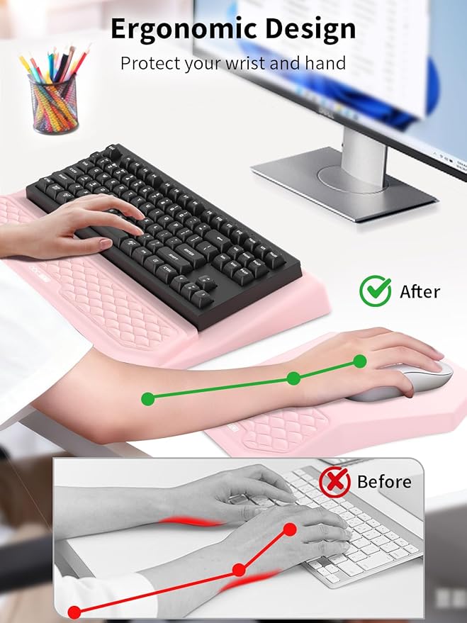 3-in-1 Ergonomic Keyboard Stand with Wrist Rest &amp Mouse Pad Set Comfy Keyboard Riser Holder Soft Mousepad with Massage Design Memory Foam and Non-Slip PU Base for Pain Relief Pink