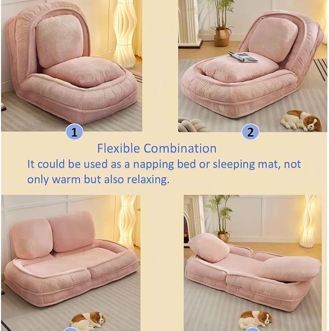 Floor Chair with Back Support Folding Sofa Chair with 5 Adjustable Position Plush Floor Gaming Chair Meditation Chair for Lazy Boys Human Dog Bed for Living Room Bedroom Lounge Pink