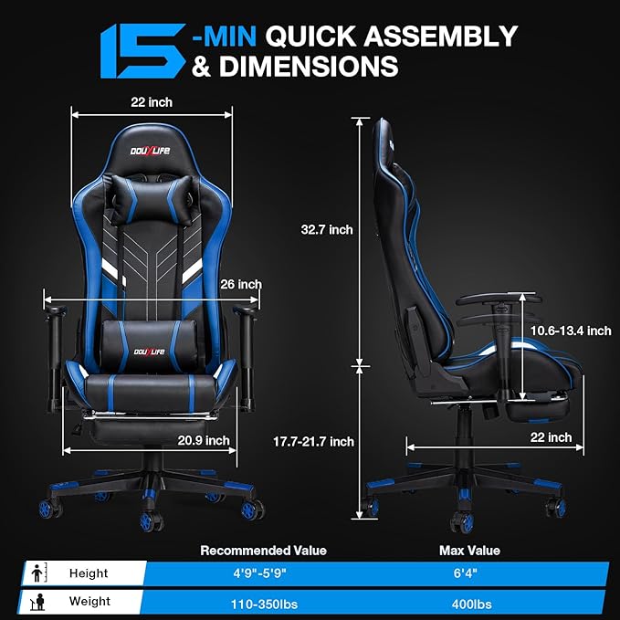 Douxlife 7-Point Massage Gaming Chair with Footrest 400lbs Heavy Duty Ergonomic Computer Chair 175° Reclining High Back Racing Seat for Adults with Adjustable Armrests &amp Lumbar Support Blue