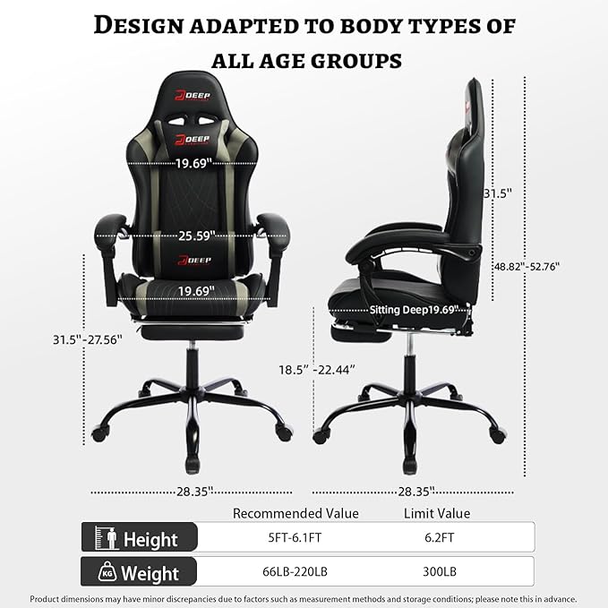 Ergonomic Gaming Chair with Footrest and Lumbar Massage Racing Office Chair High Back Computer Desk Chair with Headrest Pillow for Adults Video Game Chair for PC Gamer (1001-Gray)