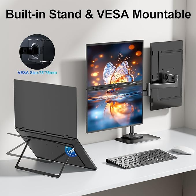 Dual Portable Monitor 18.5 1080P FHD IPS Folding Stacked Triple Laptop Screen Extender USB-C Plug &amp Play Travel Extended Computer Display for Laptop PC Windows Mac w/Stand &amp VESA Mountable