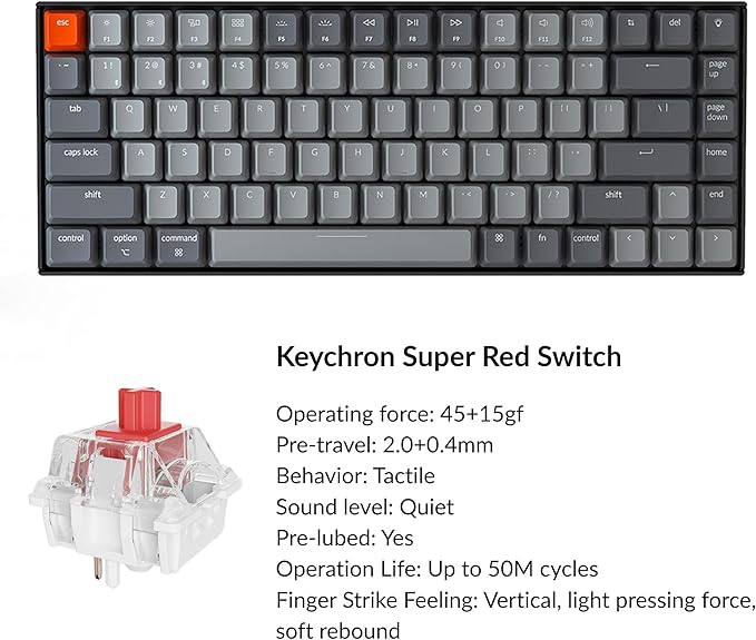 Keychron K2 75% Layout RGB Bluetooth Wireless Mechanical Keyboard with Keychron Super Red Switch/Anti Ghosting/N-Key Rollover Compact 84 Keys USB Wired Gaming Keyboard for Mac Windows-Version 2