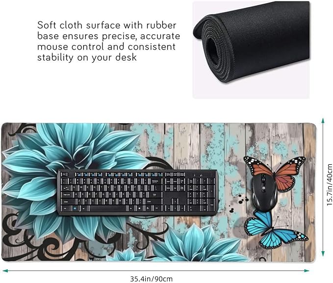 Blue Floral Butterfly Mouse PadDesk MatLarge Waterproof Non-Slip Rubber Mousepad with Stitched Edges Office Home Computer Desk Accessories35.4X15.7