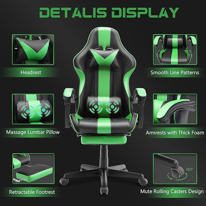 Ferghana Gaming Chairs Ergonomic Racing Style PC Game Computer Chair with Headrest Lumbar Support Adjustable Recliner PU Leather Video Computer Chair(Grass Green)