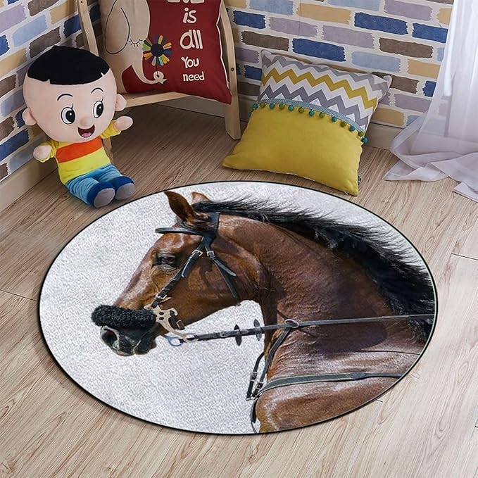 Horses Round Rug for Bedroom Circular Area Rug Washable Throw Rugs Non-Slip Soft Floor Mat for Living Room Sofa Chestnut Color HorseBrown Cream Diameter 39.3 in
