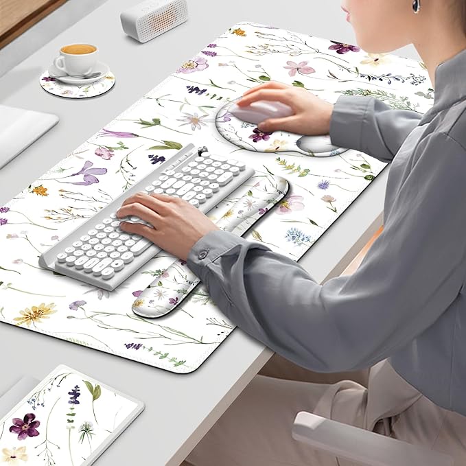 Gaming Mouse Pad Large Desk Mat Cute Desk Pad Protector 4in1 XXL Mousepad + Keyboard Wrist Rest+Mouse Wrist Rest+Coaster Set with Ergonomic Desk Pad for Home Office Computer Purple Flower Plants