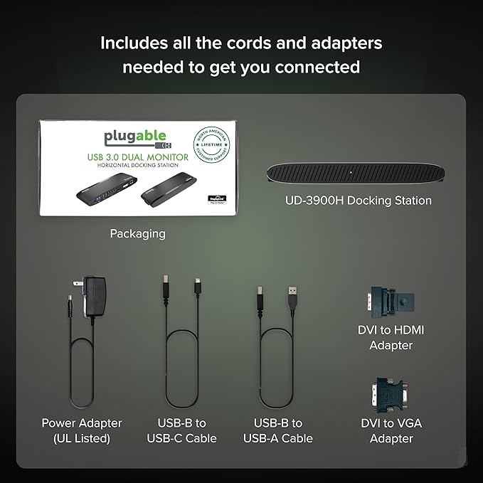 Plugable USB 3.0 Universal Docking Station for Windows macOS ChromeOS (Dual HDMI Monitors or DVI/VGA Gigabit Ethernet Audio 6 USB Ports)