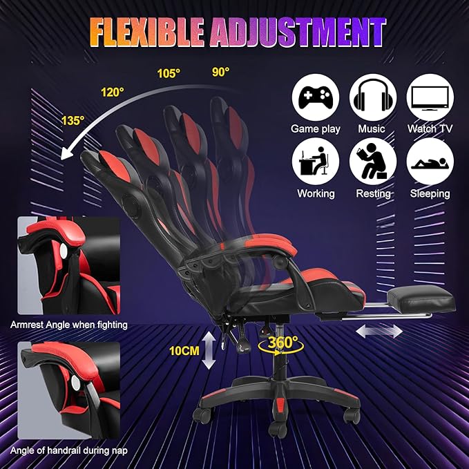Gaming Chair with Bluetooth Speakers &amp Lights Ergonomic High-Back Office Chair with Retractable Footrest 360° Swivel Adjustable Computer Chair Faux Leather Racing Style for Home Office &amp Ga