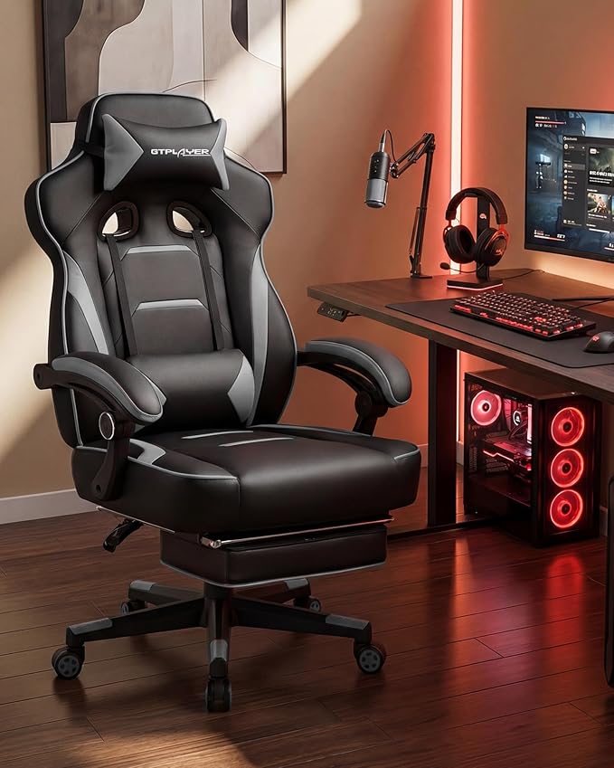 GTPLAYER Gaming Chair with Footrest Big and Tall Game Chair 350lb Racing Style Computer Chair Ergonomic Executive Office Chair High Back with Lumbar Support and Recliner Light Gray