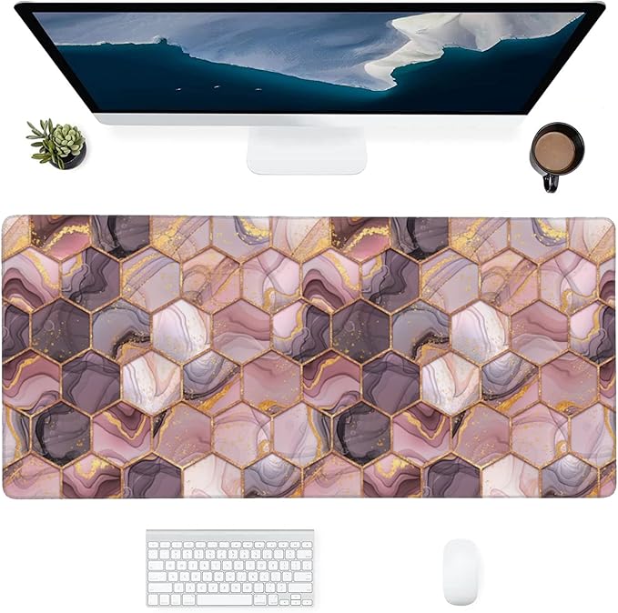 Pink Geometric Marble Large Mouse Pad Gaming Mousepad with Wrist Support Rubber Computer Keyboard Mat for Desk Laptop Non-Slip Full Deskmat Protector Waterproof Writing Pad Office Home 16x35.5 in