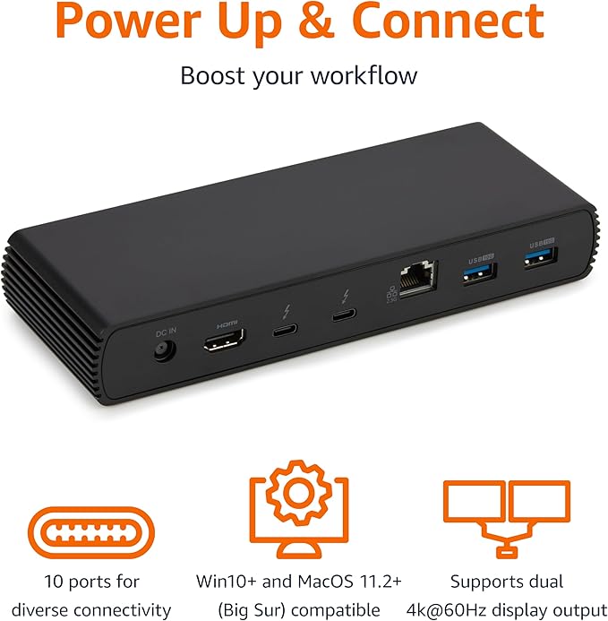 Amazon Basics Thunderbolt 4 Pro Docking Station Dual 4K Monitor Support 8K Display 2xTBT4 1xHDMI2.1 3xUSB A 3.1 RJ45 Ethernet Black 7.86 x 2.95 x 1.23 inches
