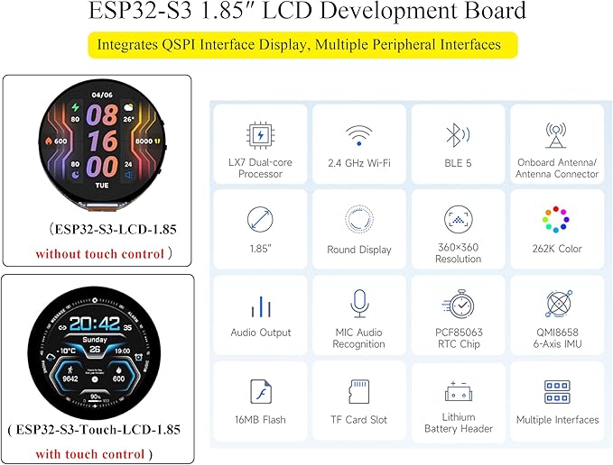 ESP32-S3 1.85inch Touch Display Development Board 360×360 IPS LCD Dual-Core Processor Up to 240MHz Audio Codec Support Offline Speech Recognition and AI Speech Interaction with 8Ω 2W Speaker
