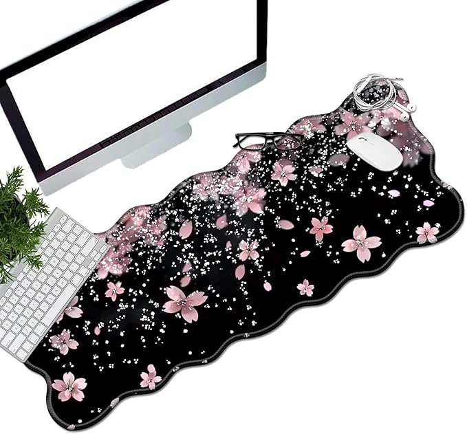 Cherry Blossoms Glittery Desk Mat Mouse Pad 31.5 x11.8 XL Extended Mousepad Huge Mouse Pads with Stitched Edges Desk Pad for Work Game Office Home