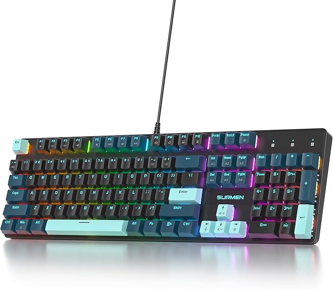 surmen Full Size Creamy Keyboard with Number Pad 104 Keys RGB Wired Mechanical Gaming Keyboard Backlit with PBT Keycaps Linear Red Switch for Laptop Desktop PC Gamers（104 Monster B）