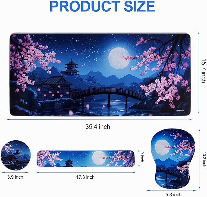 Petmolico Mouse Pad Set with Computer Keyboard Desk PadMouse Pad with Wrist RestTyping Wrist Pad and Cup CoastersErgonomic Design for Typing Pain Relief [NightfallMoon]