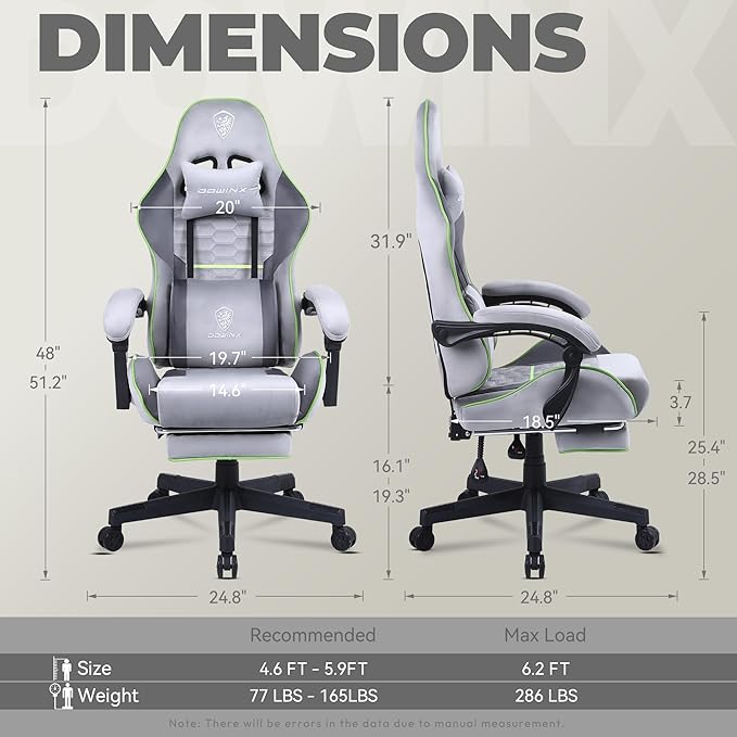 Dowinx Gaming Chair Fabric with Pocket Spring Cushion Massage Game Chair Cloth with Headrest Ergonomic Computer Chair with Footrest 290LBS Light Grey