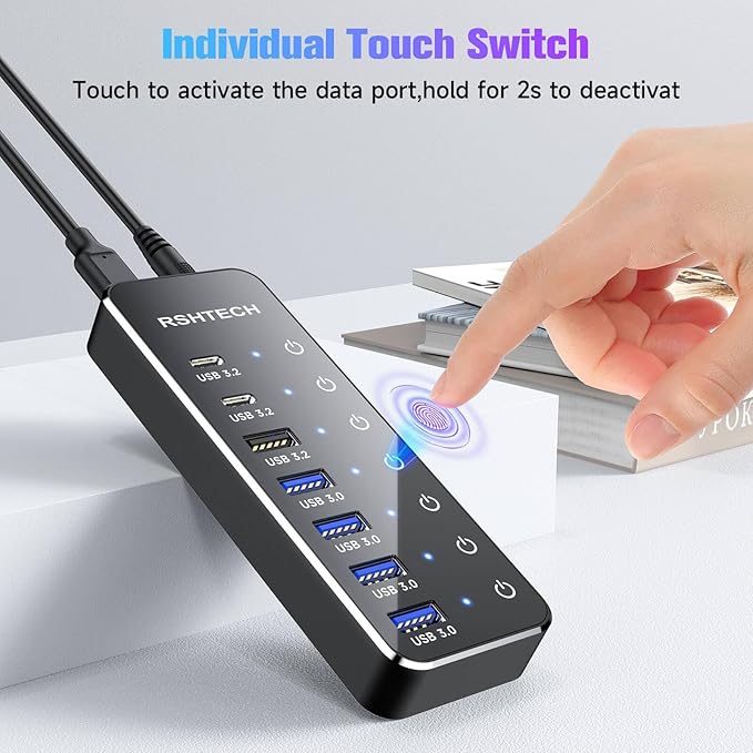 RSHTECH 7-Port Powered USB 3.2/USB C Hub with 10Gbps USB-A 3.2 2 USB-C 3.2 4 USB 3.0 Ports Individual Touch Switches 3.3ft Cable and 5V Power Adapter USB Hub Splitter for Laptop/PC RSH-ST07C