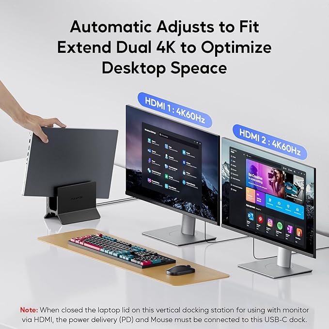 USB C Laptop Docking Station Dual Monitor 11 in 1 Vertical Dock with 2 HDMI 4K 3 USB A/C 10Gbps 2USB-A 5Gbps USB A 2.0 Ethernet Docking Station Stand for Type-C Laptops - Black