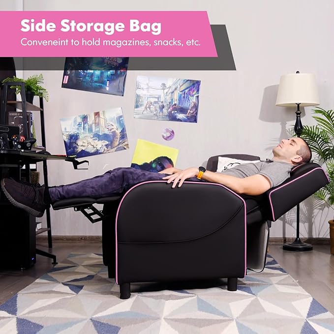 GYMAX Gaming Recliner Massage Gaming Chair w/Adjustable Footrest Remote Control &amp Side Pocket Ergonomic Game Lounge Chair Racing Style Single Theater Seat Game Sofa for Adults (Pink)