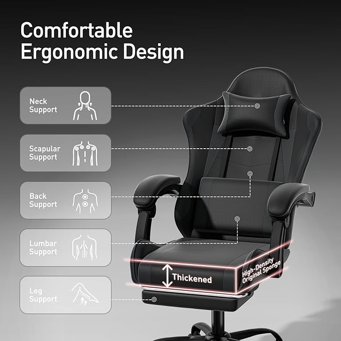 MoNiBloom Gaming Chair with Footrest High Back Video Game Chair with Headrest &amp Lumbar Support Height Adjustable Leather Swivel Computer Chair for Adult Teen Office or Gaming Black