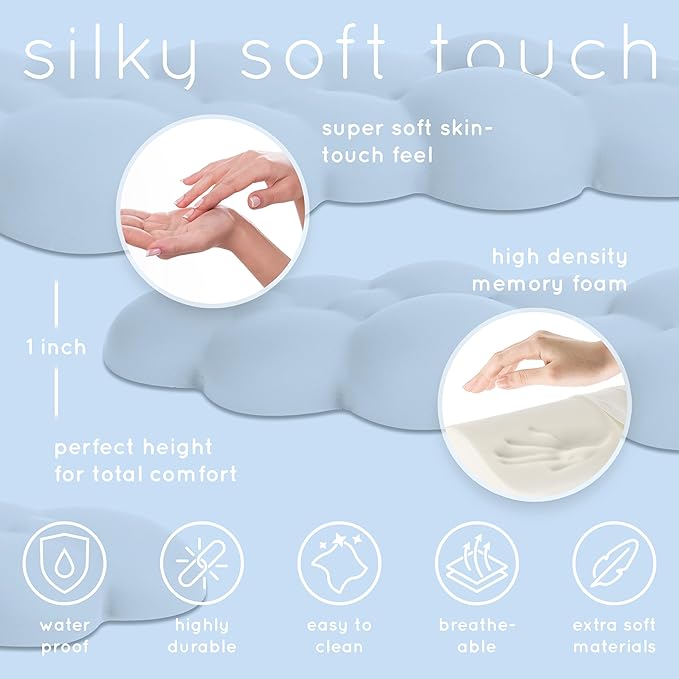 Qloud Cloud Wrist Rest Keyboard Wrist Rest for Computer Keyboard Pad Cloud Keyboard Wrist Rest Wrist Pad for Keyboard Memory Foam Non Slip Base Comes with Mouse Pad - Light Blue