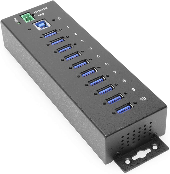 Coolgear 10 Port USB Hub - 5Gbps Speed Surge Protection DIN Rail Mounting Industrial Grade for Tech Labs Warehouses Automation Schools &amp More