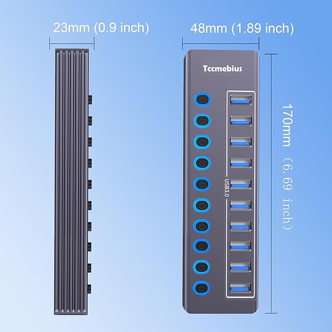 Powered 10-Port USB 3.0 Hub USB C to 10 Ports USB Data Hub Splitter with Individual LED On/Off Switche 3.3FT Cable 12V/3A Power Adapter for Laptop MacBook Pro/Air PC (Aluminum Gary)