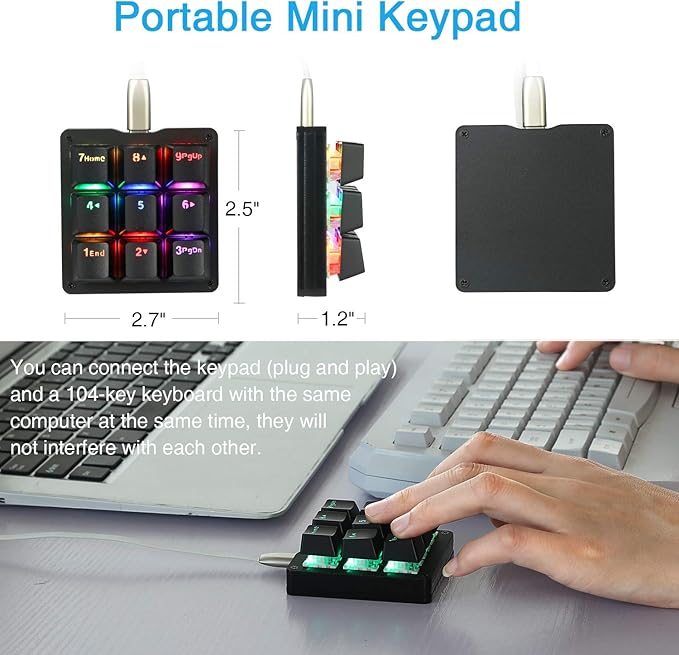 Koolertron One Handed Macro Mechanical Keyboard RGB LED Backlit Portable Mini One-Handed Mechanical Gaming Keypad OSU! Keyboard 9 Fully Programmable Keys Blue Switches