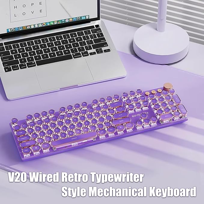 Typewriter Style Mechanical Gaming Keyboard White LED Backlit 104-Key NKRO Pink Switches Retro Round Keycaps Golden Ring Volume Knob Metal Panel Wired USB-C Detachable Cable Purple