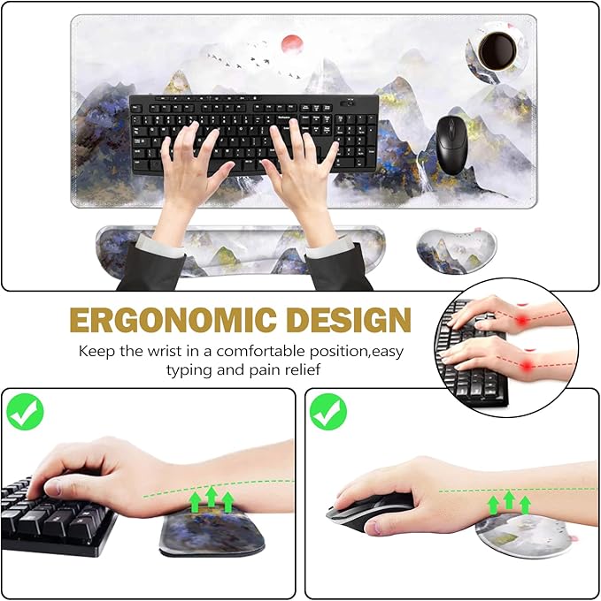 ToLuLu Extended Gaming Mouse Pad Memory Foam Ergonomic Keyboard Mouse Wrist Rest Support Set Large Desk Mat with Stitched Edges Non-Slip Base Mousepad for Home Office Game Study Ink Mountain