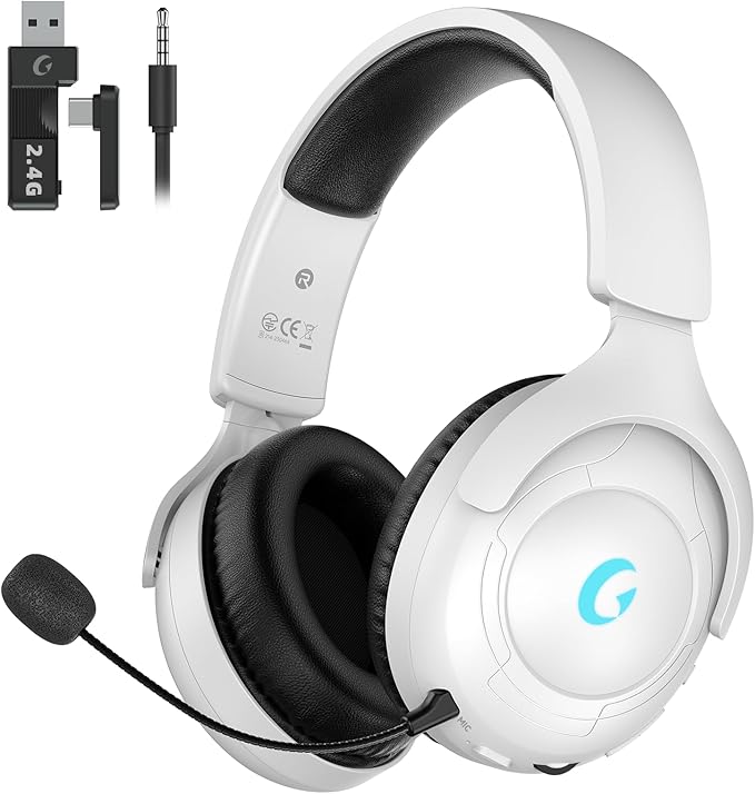 Wireless Gaming Headset for PS5/PS4PCSwitchMac 2.4GHz Gaming Headset with Mic 45H Battery Surround Sound Noise Cancelling Over Ear Headphones Bluetooth 5.3 for Xbox Needs 3.5mm Cable - White