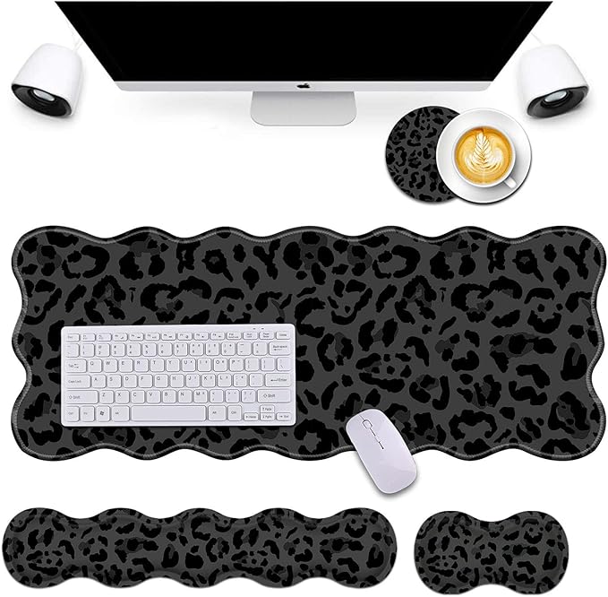 Bxgolkgd Desk Mat SetMouse Pad with Keyboard Wrist Rest &amp Mouse Wrist RestWave-Shaped DesignNon-Slip Rubber BaseErgonomic Desk Mat for HomeOfficeGamingBlack Leopard Print