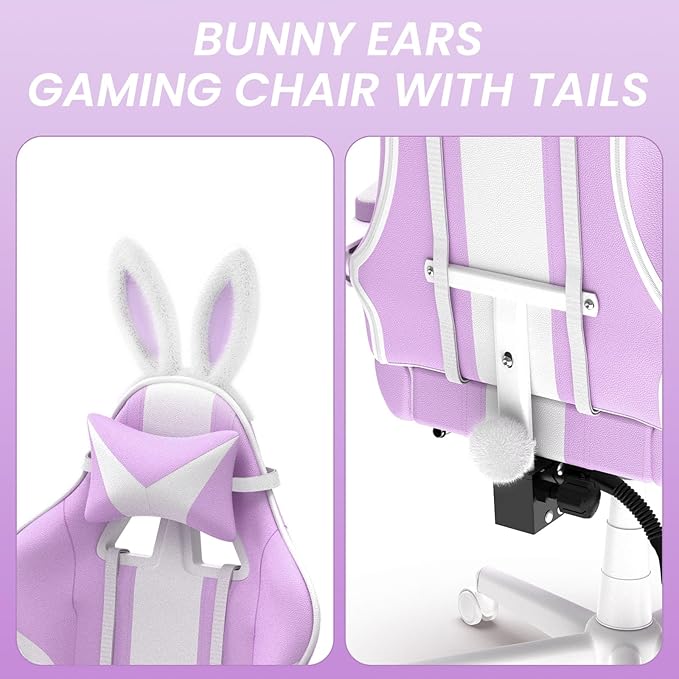 Ferghana Kawaii Light Purple Gaming Chair with Bunny Ears Ergonomic Cute Gamer Chair with Footrest and Massage Racing Reclining Leather Computer Game Chair for Girls Adults Teens Kids