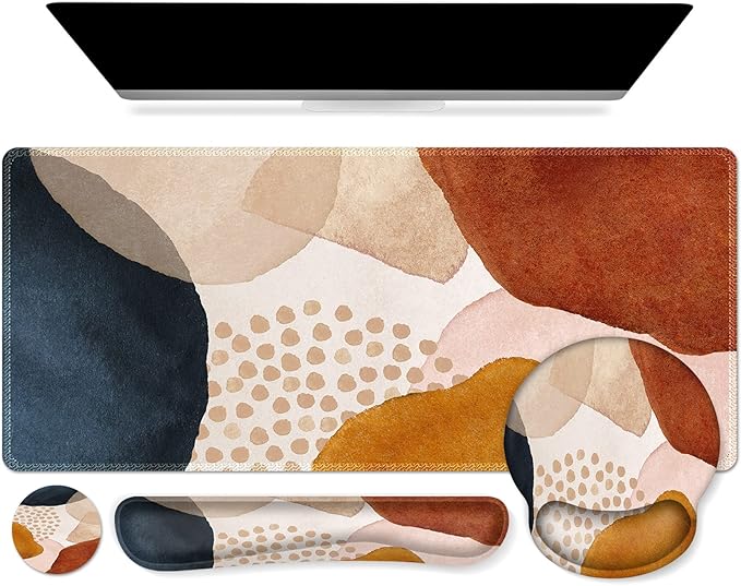 iCasso Desk Mat Gaming Mouse Pad Wrist Support Set4in1 XXL Large Mousepad + Keyboard Wrist Rest+Mouse Wrist Rest+Coaster Set with Ergonomic Design for Home Office Table Computer-Color Block