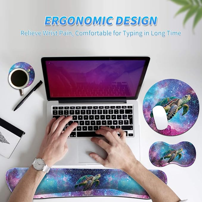 Keyboard Wrist Rest &amp Mouse Pad &amp Mouse Wrist Rest Support &amp Coaster Non Slip Rubber Base Wrist Support with Ergonomic Raised Memory Foam for Computer Laptop Home Office Turtle
