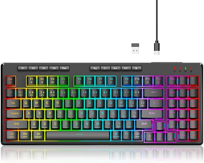 Redragon K517 Pro Wireless Gaming Keyboard RGB Backlit Tri-Mode BT/2.4GHz/USB-C Mechanical Feel 94 Keys Computer Keyboard with 4 Macro Keys Number Pad 4000mAh Battery for Win/MAC