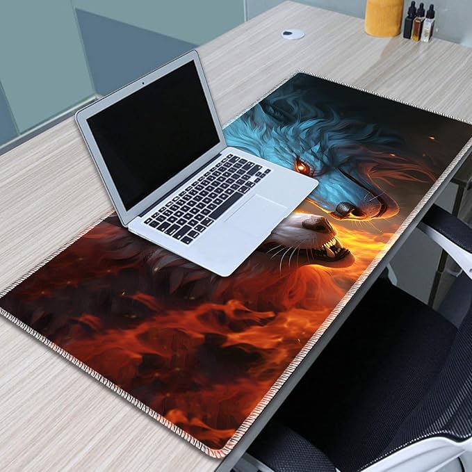 Gaming Mouse Pad Set Large Gaming Mouse Pad+Keyboard Wrist Rest+Mouse Wrist Rest+Coaster Easy Typing Pain Relief 31.5 × 11.8 inch Desk Mat for Home Office - Ice Wolf and Fire Wolf