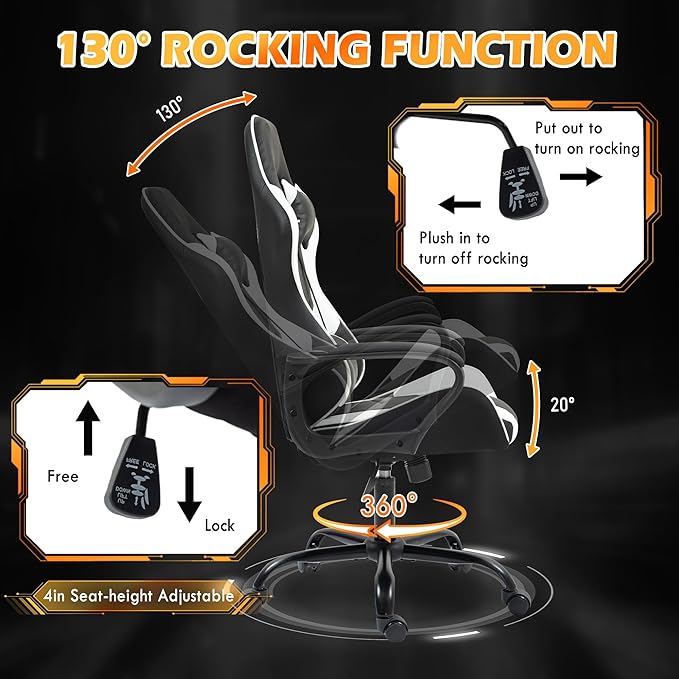 ECOTOUGE Gaming Chair for Boys Ergonomic Computer Gamer Chair with Massage Lumbar Support &amp Rocking High Back 360° Swivel Video Game Chair for Gaming or Office Height Adjustable (White)