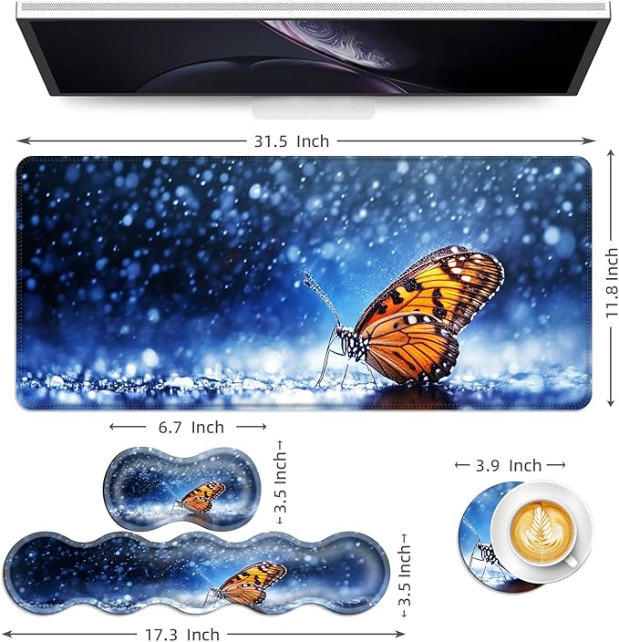 Keyboard Mouse Pad Set Extended Gaming Mouse Pad+Ergonomics Keyboard Wrist Rest Support Memory Foam Easy Typing Pain Relief 4Pcs XL Ultra Thick Desk MatButterfly in Rain